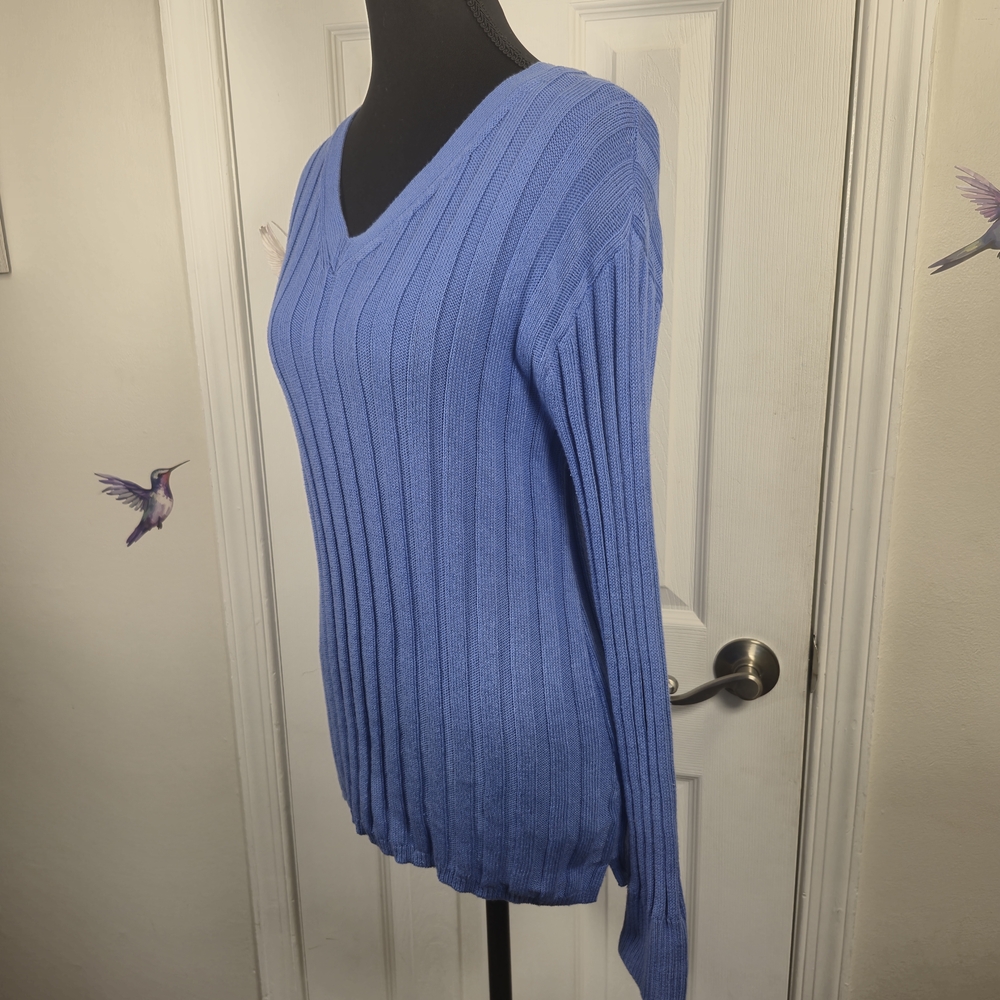 Talbots Blue Ribbed V-Neck Cotton Linen Knit Sweater Size Medium - Picture 4 of 7